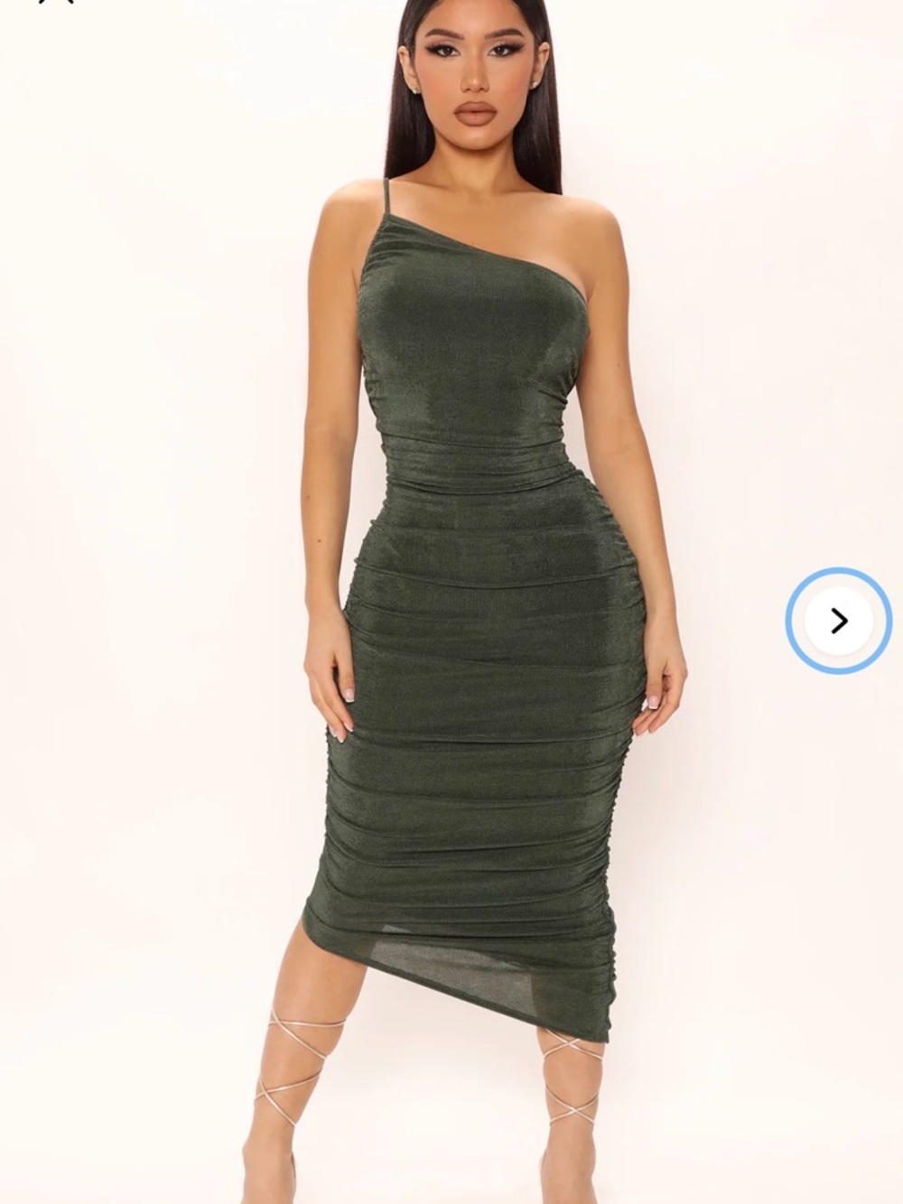 Fashion Nova Dark Green Ruched One-Shoulder Dress